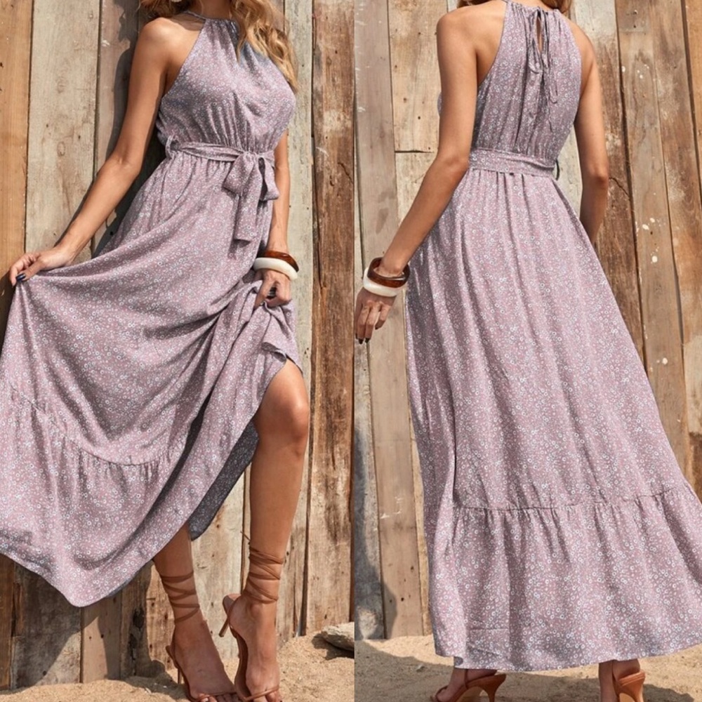 Boho floral print halter maxi dress- DUSTY PINK - Picture 2 of 8
